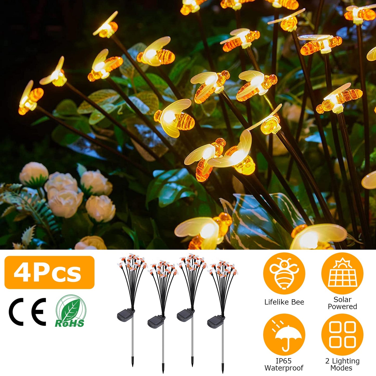 LJGelectro - 4Pack Solar Powered Stake Bee Light 2 Lighting Mode Lifelike Firefly Decorative Stake Lamp IP65 Waterproof Outdoor Landscape Garden Light Warm Yellow