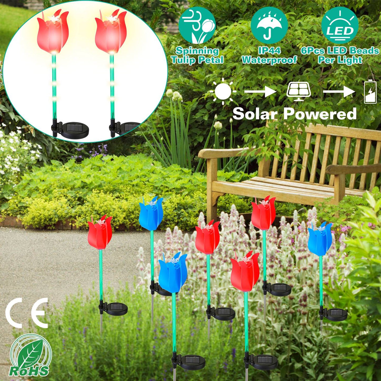 LJGelectro - 2Pcs Solar Powered Tulip Garden Light Wind Mill Waterproof Landscape Stake Lamp Decorative Lawn Lights For Yard Driveway Walkway Patio