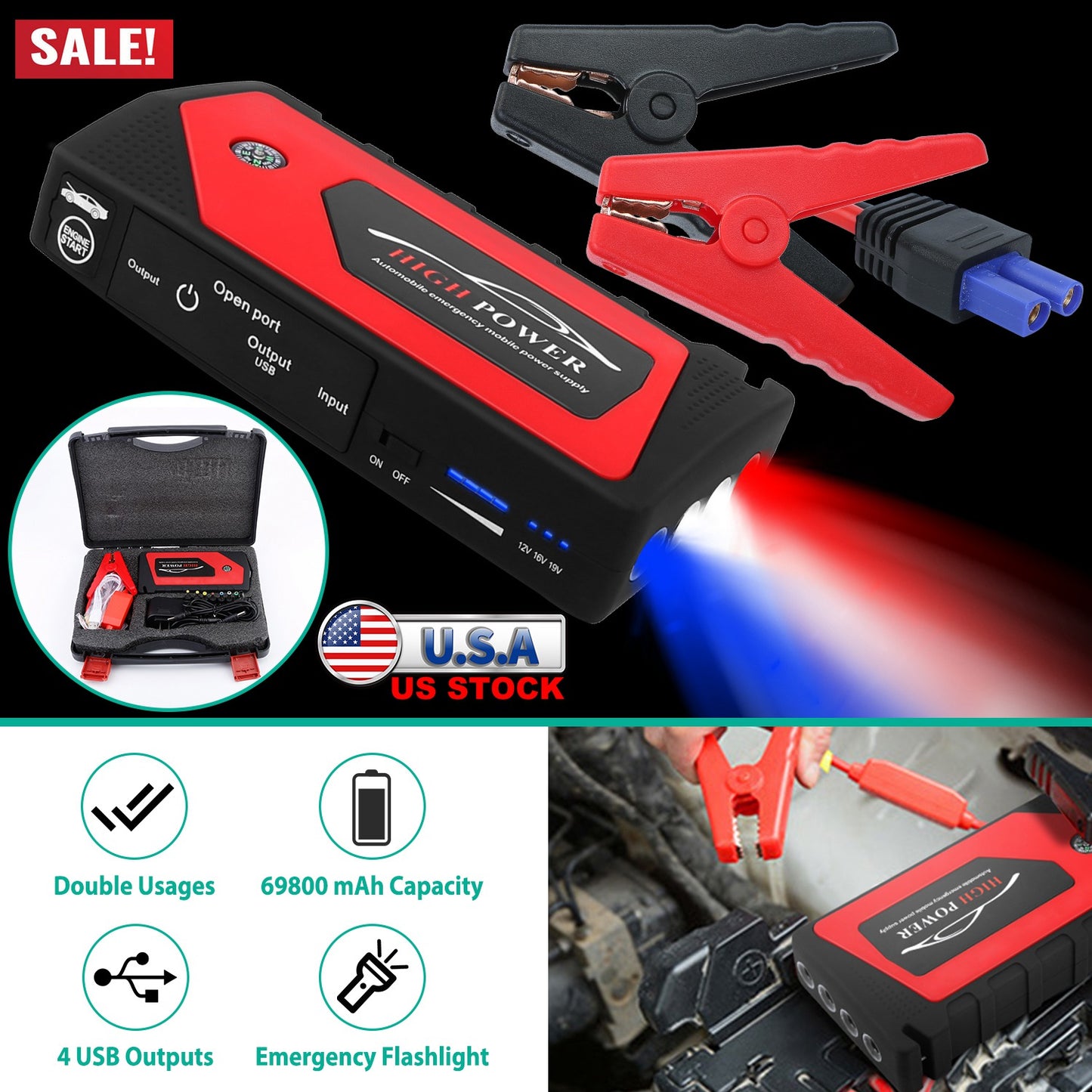 LJGelectro - Car Jump Starter Booster 600A Peak 69800mAh Battery Charger (Up to 6.0L Gas or 4.0L Diesel Engine) 3 Modes LED Flashlight