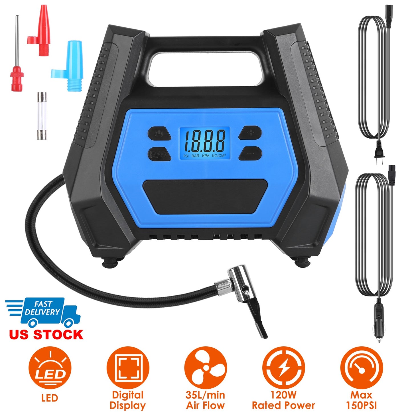 LJGelectro - Portable Tire Inflator 150 PSI 120W Max Power Tire Pump with Digital Display LED Light Inflatable Nozzle Needle Fuse Air Compressor for Bikes Motorbik