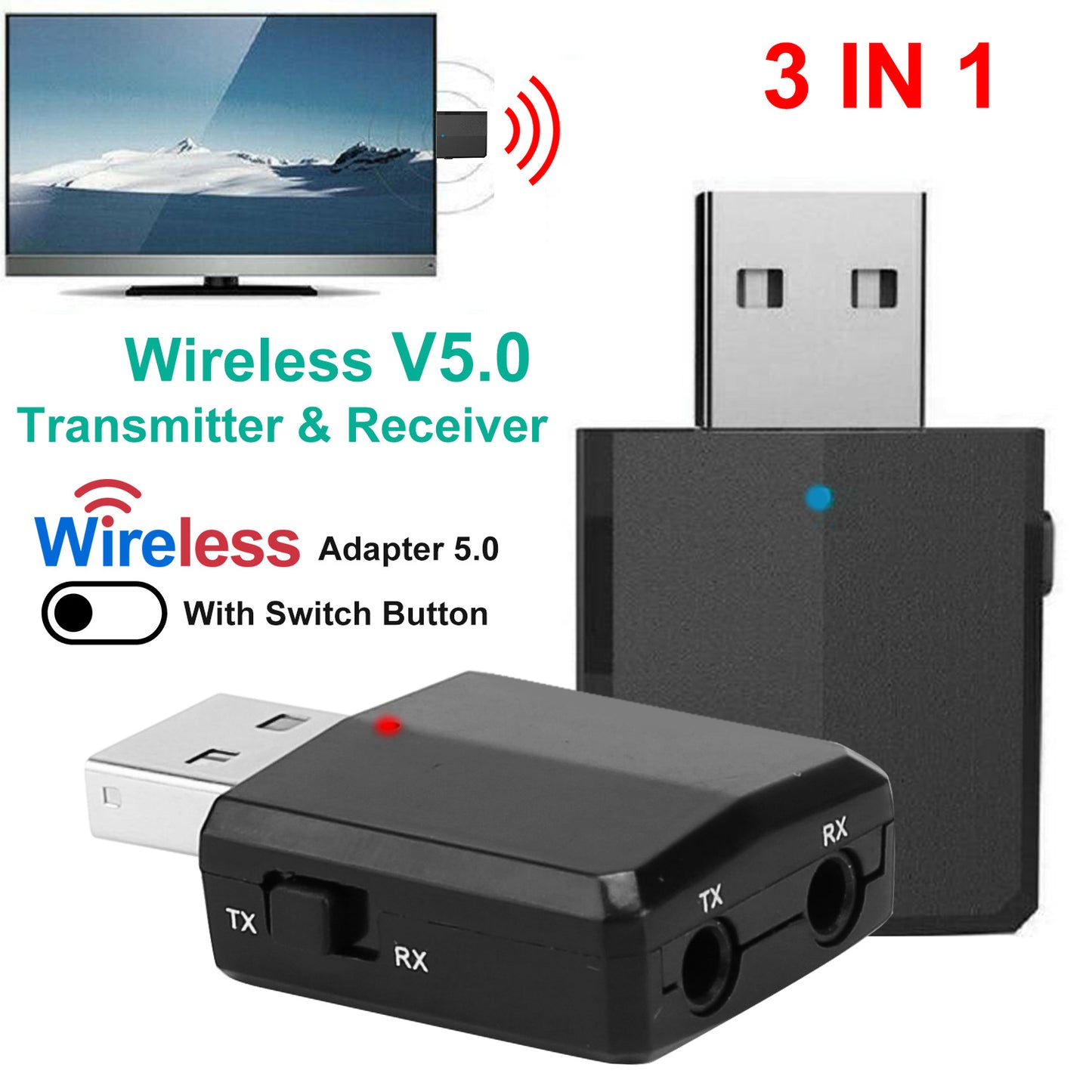 LJGelectro - 3 IN 1 Wireless V5.0 USB Audio Transmitter Receiver EDR Adapter Music Streaming For TV PC Headphones Car w/ 3.5mm Cable