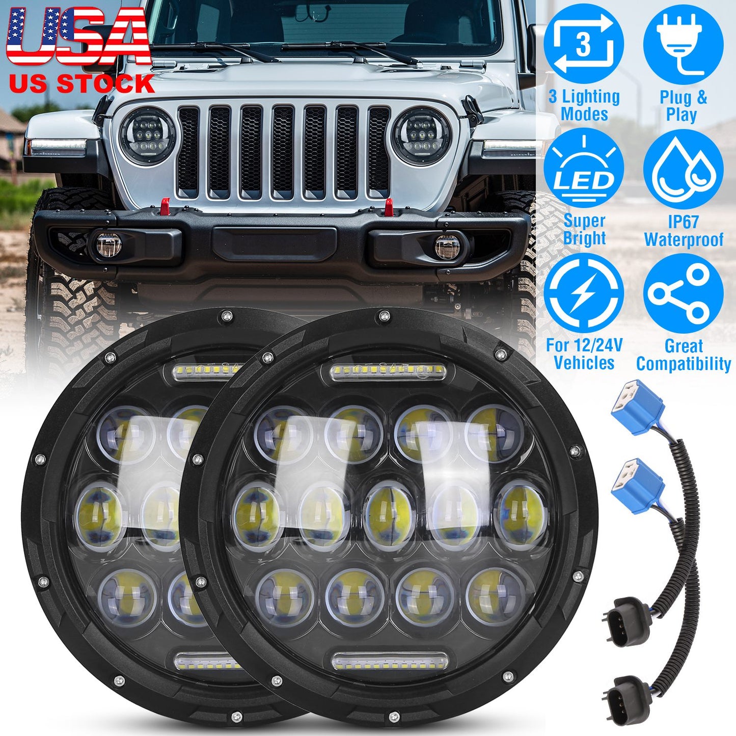 LJGelectro - 2Pcs 7In 75W Round LED Headlight 3800LM Halo Car Headlamp with DRL High Low Beam for Jeep Wrangler TJ JK CJ with H4 to H13 Adapters Plug and Play