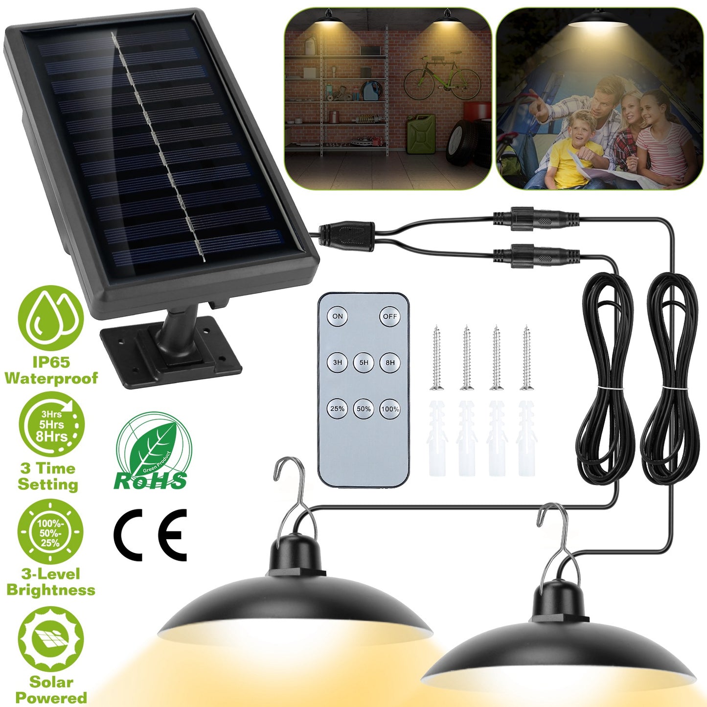 LJGelectro - Solar Shed Lights Dual Lighting Heads Dimmable Timing Auto Sensor Turn Off Hanging Lamp IP65 Waterproof Remote Control Pendant Light For Garden Patio