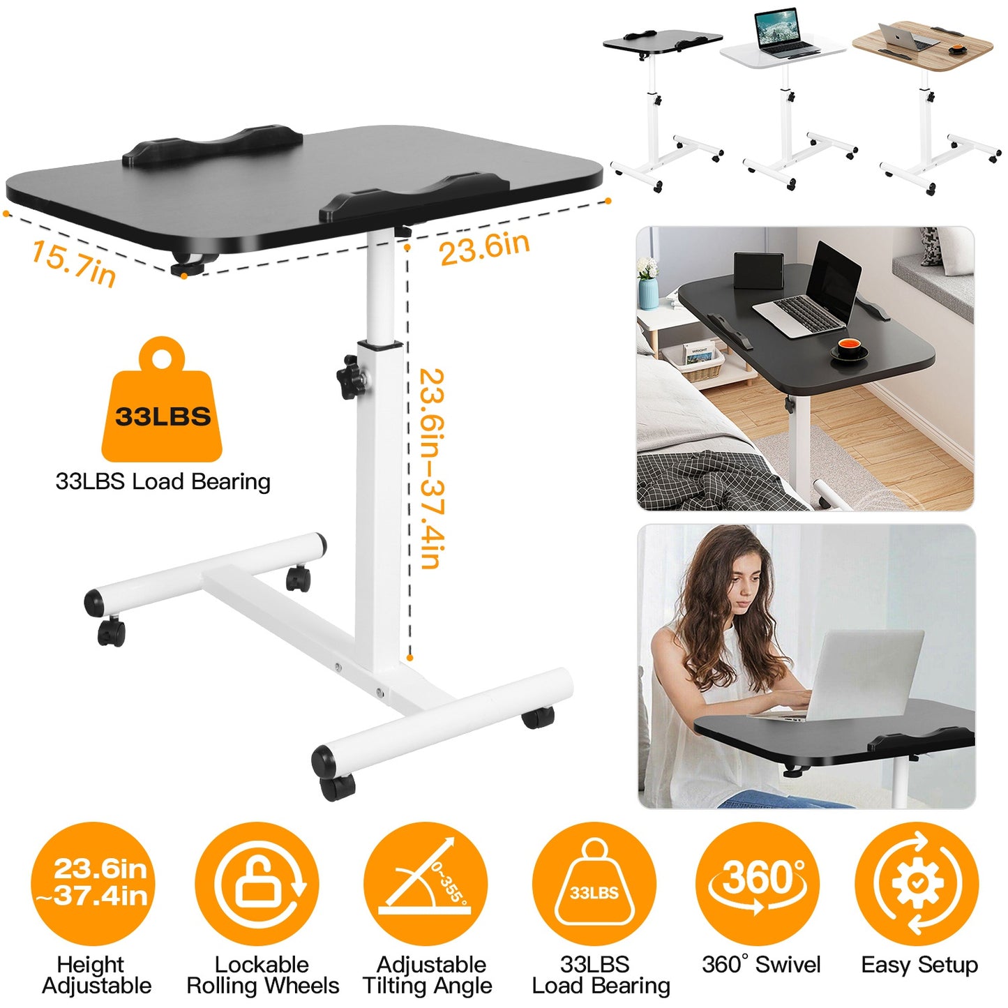 LJGelectro - Rolling Laptop Table Portable Computer Desk Movable Table with Adjustable Height Tilting Angle