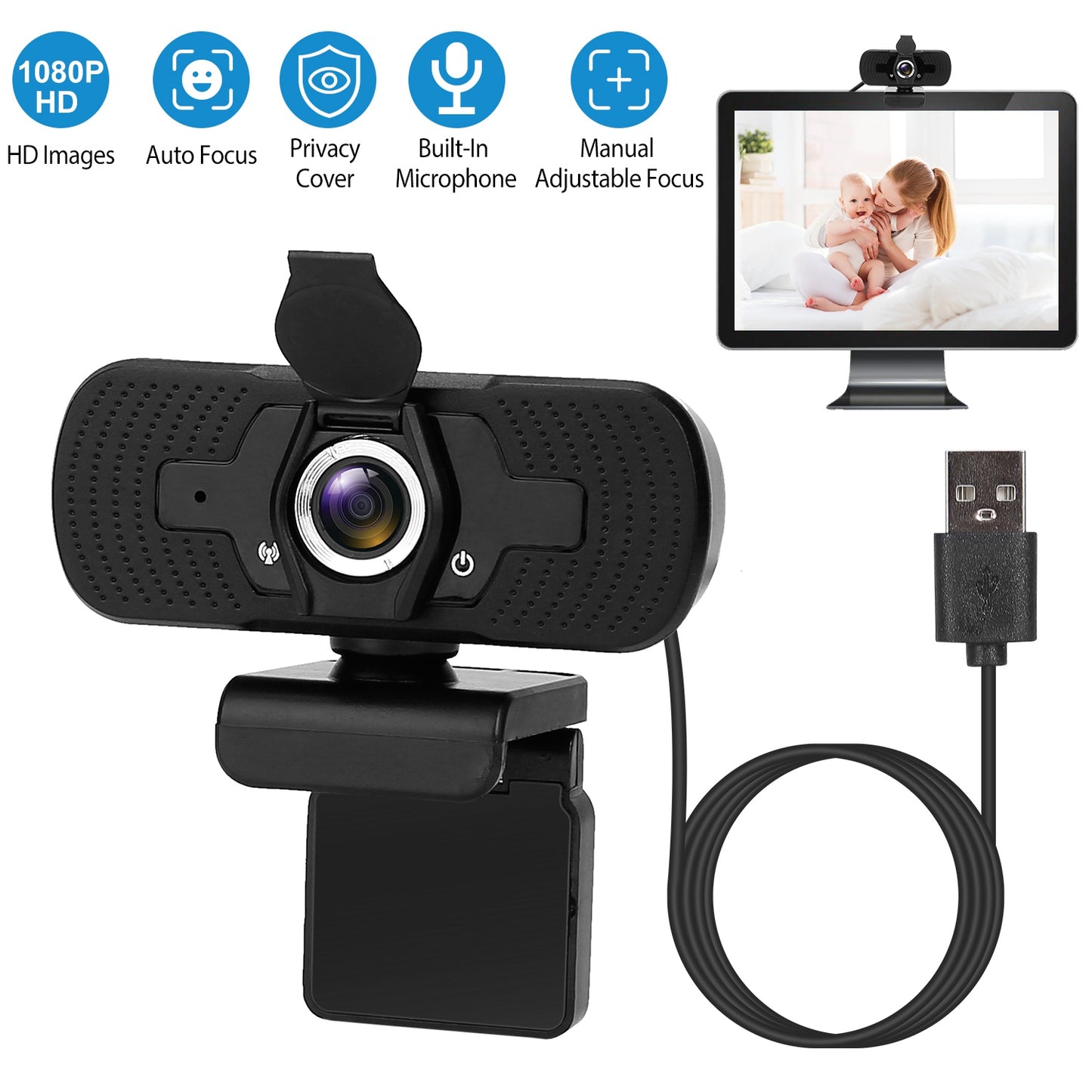 LJGelectro - FHD 1080P USB Webcam w/ Microphone Privacy Cover Rotatable Clip Streaming USB Camera Plug And Play For PC Video Conferencing Gaming Facetime Broadcast