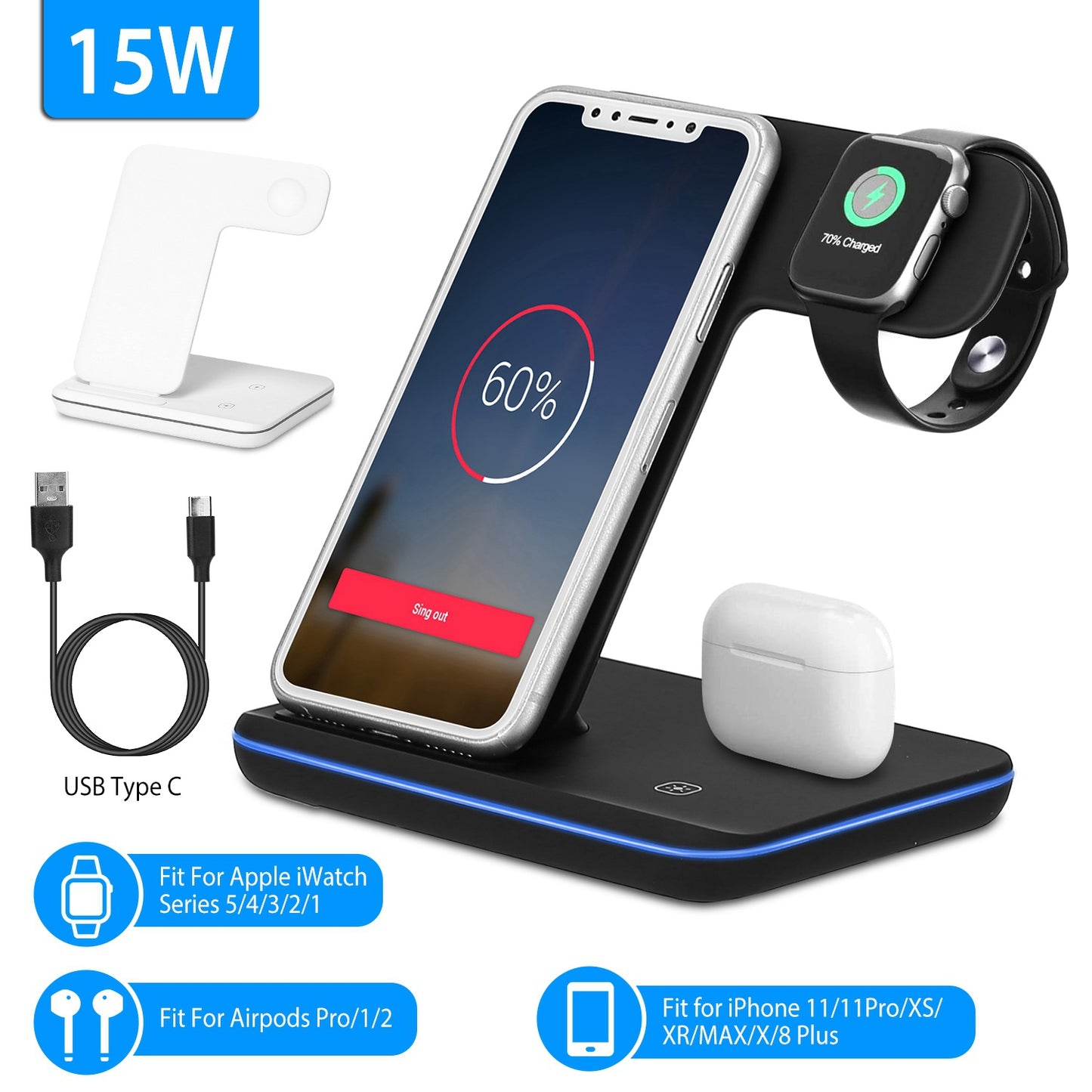 LJGelectro - Wireless Charger 3 in 1 Charger Stand 15W Fast Charging Station Dock for iWatch Series 5/4/3/2/1 AirPods iPhone 11/11 Pro/Xs/X Max/XR/X/8/8Plus Samsun