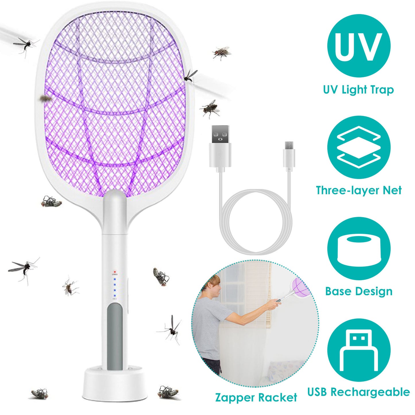 LJGelectro - 2 in 1 Electric Rechargeable Bug Zapper Mosquito Insect Killer Fly Swatter Mosquito Zapper Racket Mosquito Trap Catcher