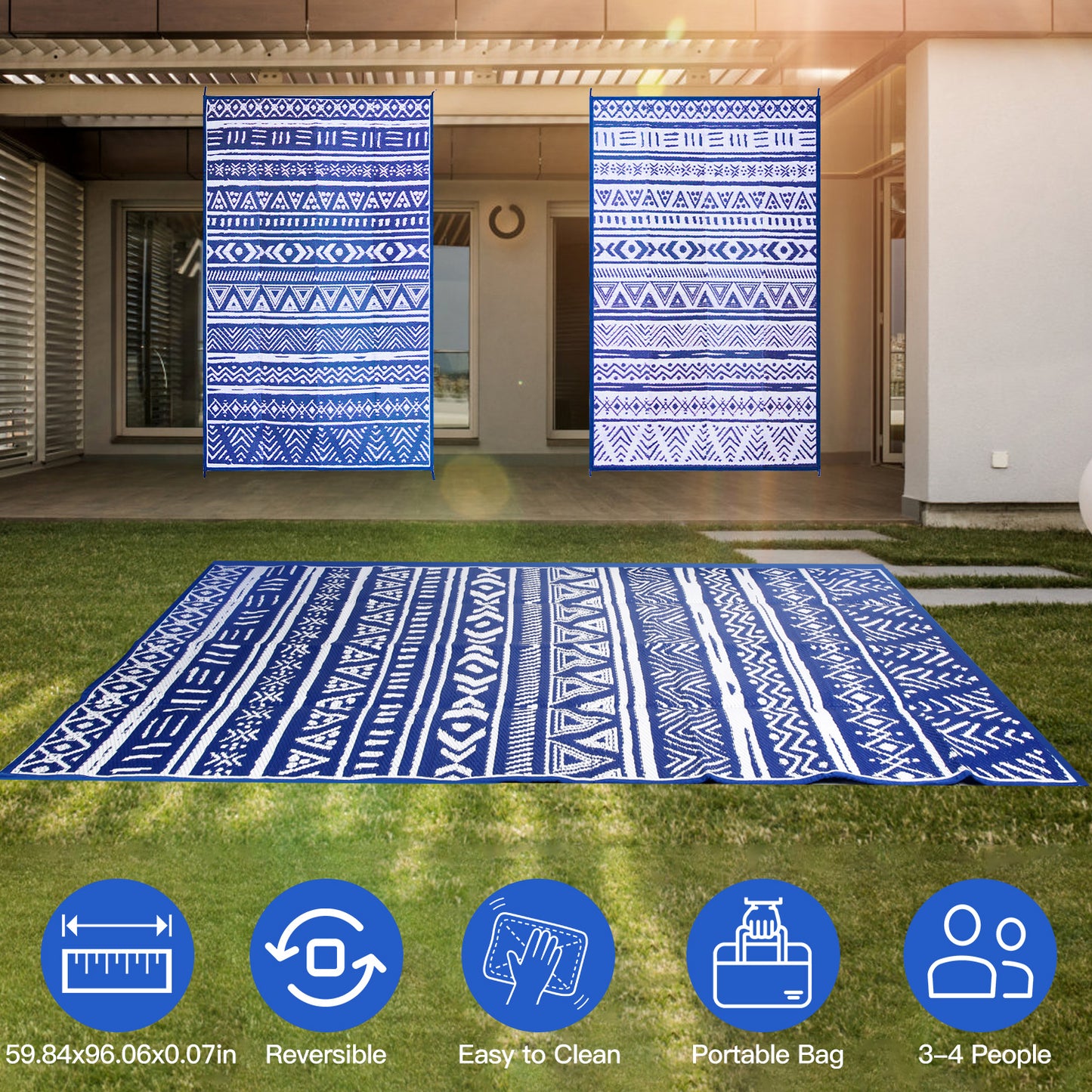 LJGelectro - 4.98x8FT Reversible Outdoor Rug Waterproof Mat with Storage Bag Portable Plastic Carpet Indoor Outdoor Activity for Picnic Patio Deck RV Trip Blue & W