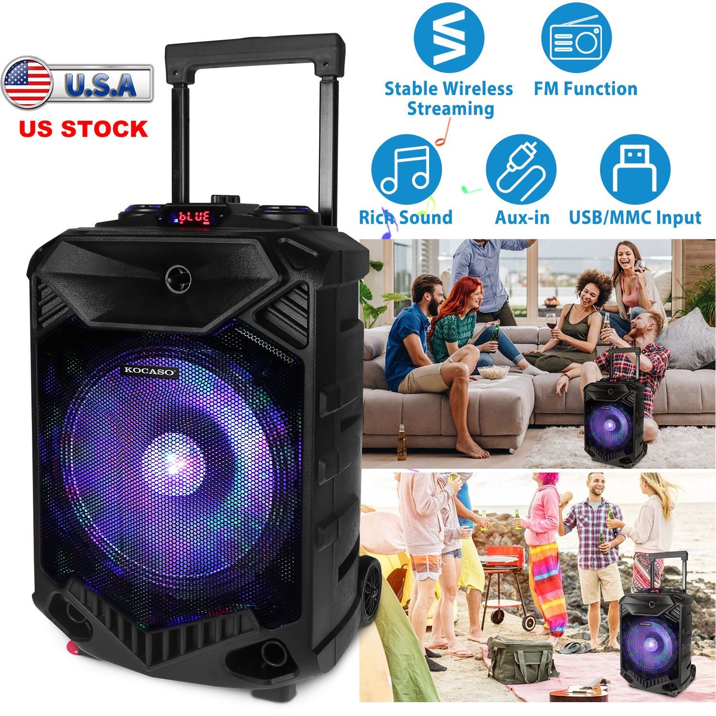 LJGelectro - Wireless Party Speaker 12in Woofer Bass Party Speaker w/ Cordless Microphone FM Radio USB Reading MMC Car Slot Aux-In Flashing LED Colorful Lights