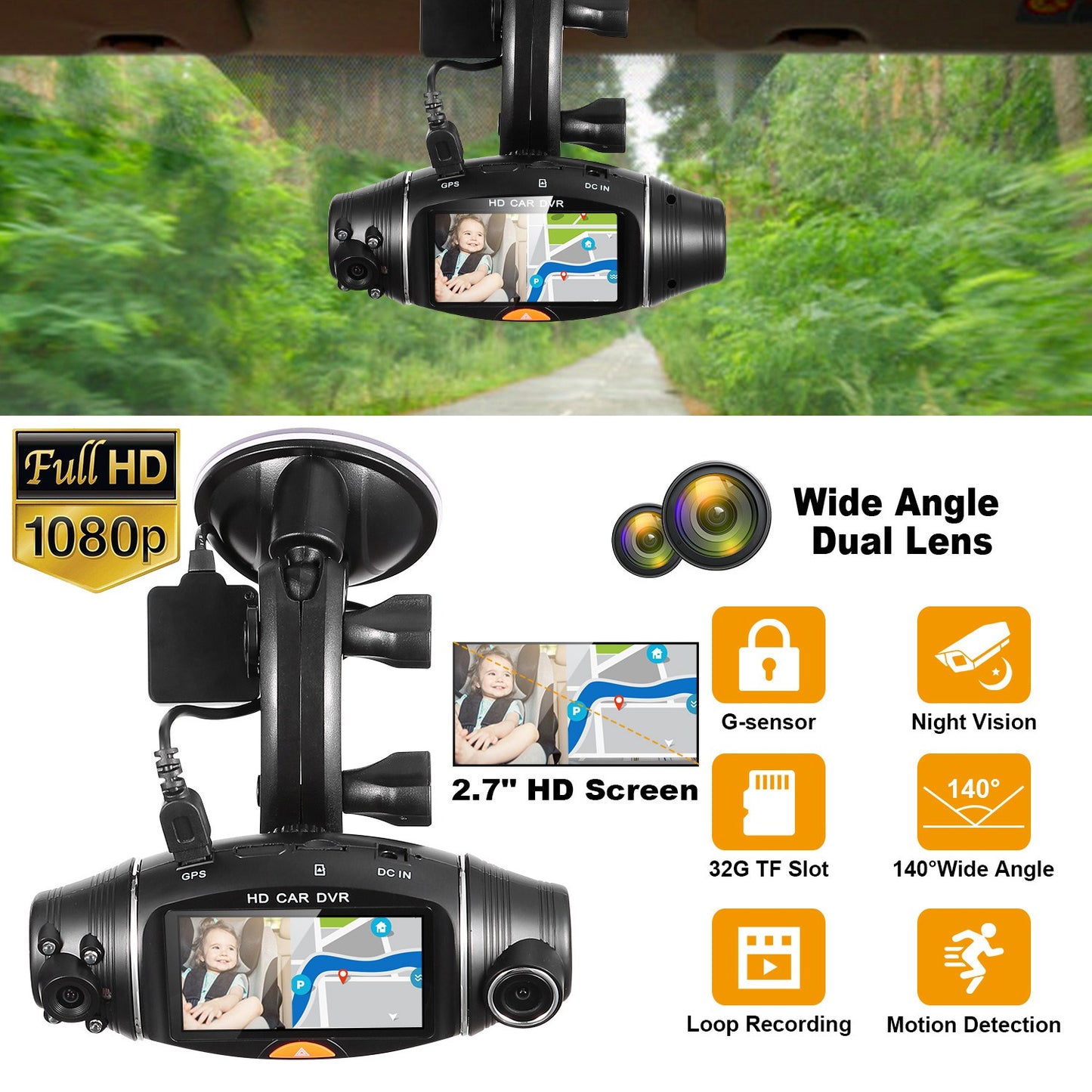 LJGelectro - FHD 1080P Dual Lens Car DVR Dash Cam GPS Camera Video Recorder G-Sensor Night Vision