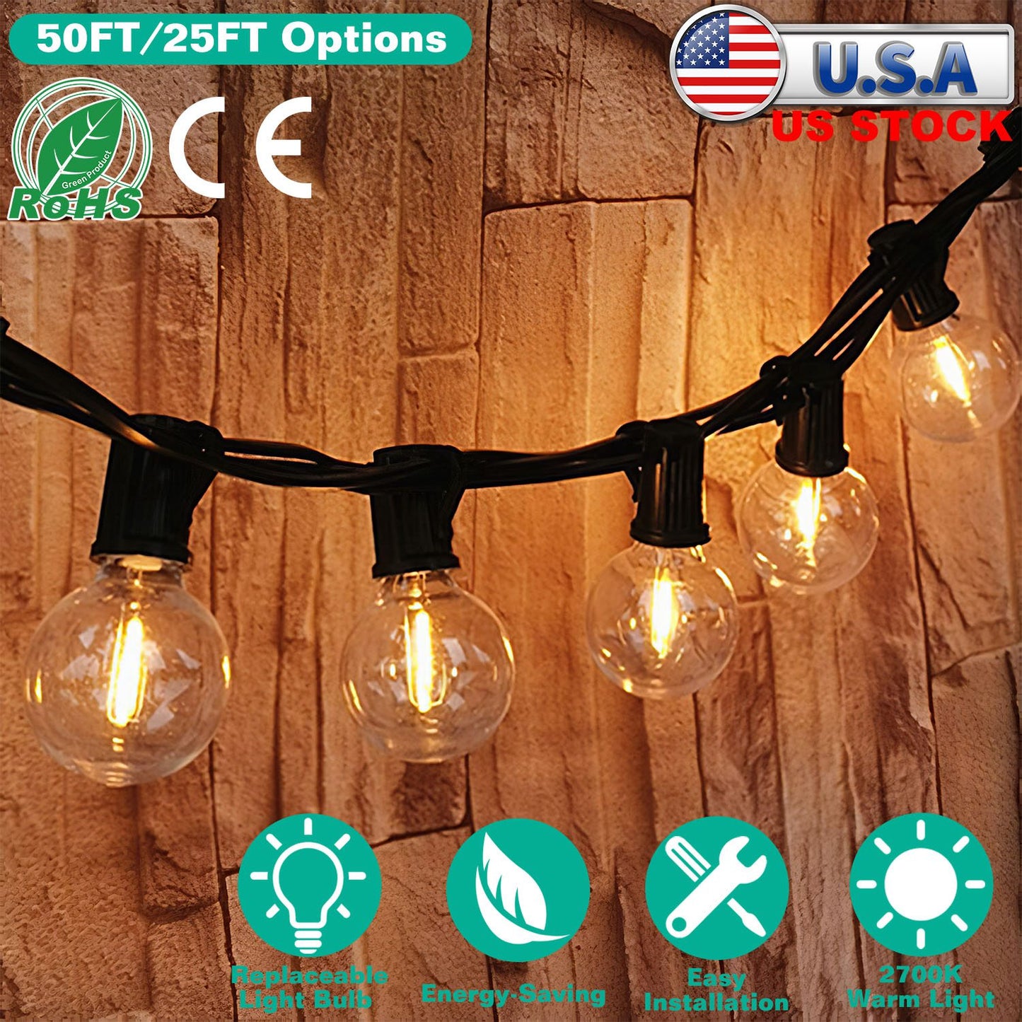 LJGelectro - 50FT Decorative Globe String Lights Outdoor Indoor 25Pcs Bulb Light Strings Fairy String Lamps for Garden Lawn Patio Cafe Party