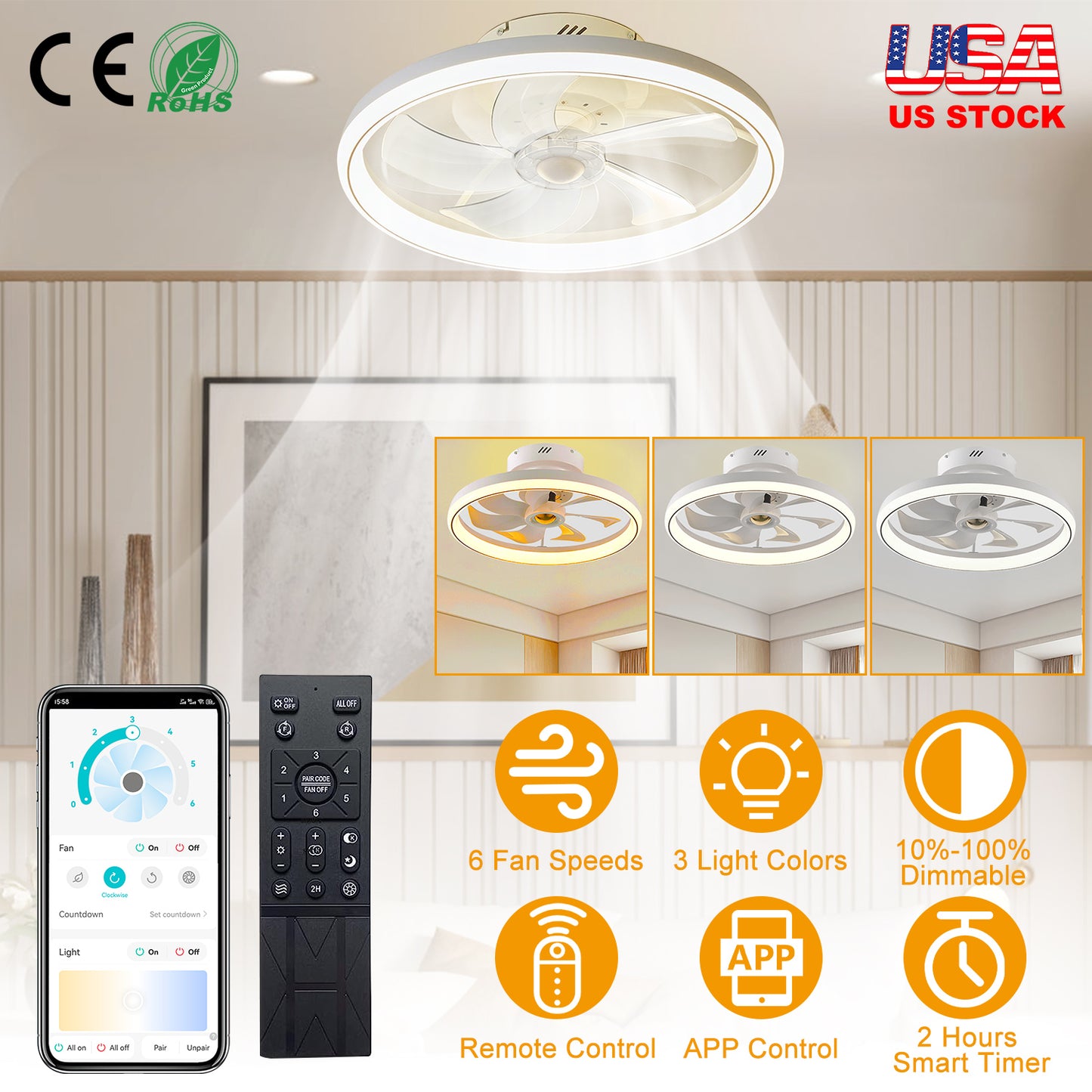 LJGelectro - 19.7in Ceiling Fan with 60W Light Round Pendant Fan Lamp LED Ceiling Fan with 6-Fan Speed 3000-6500W Light Color Adjustment Remote Control Timer APP C