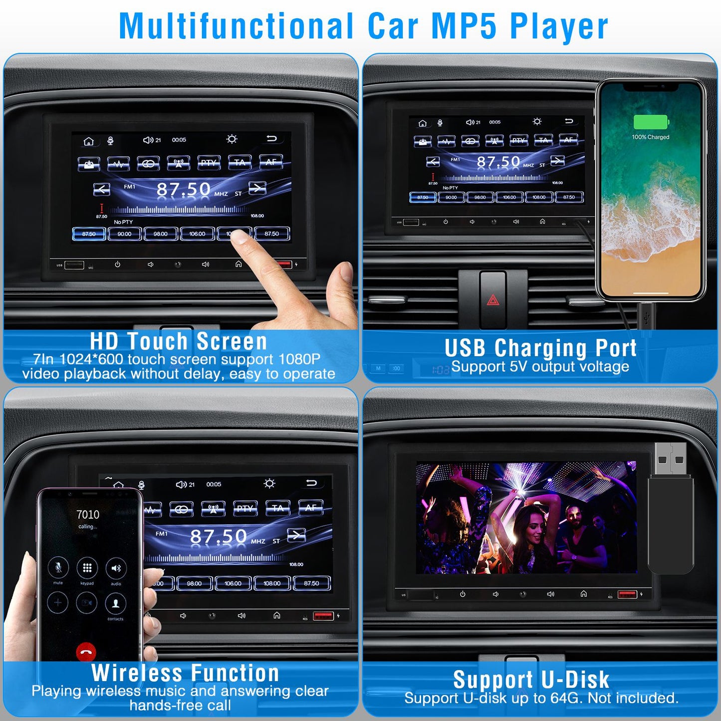 LJGelectro - 7In Universal Wireless Car MP5 Player 1080P Video Player Stereo Audio FM Radio Aux/USB Input with Rear View Camera Remote Control