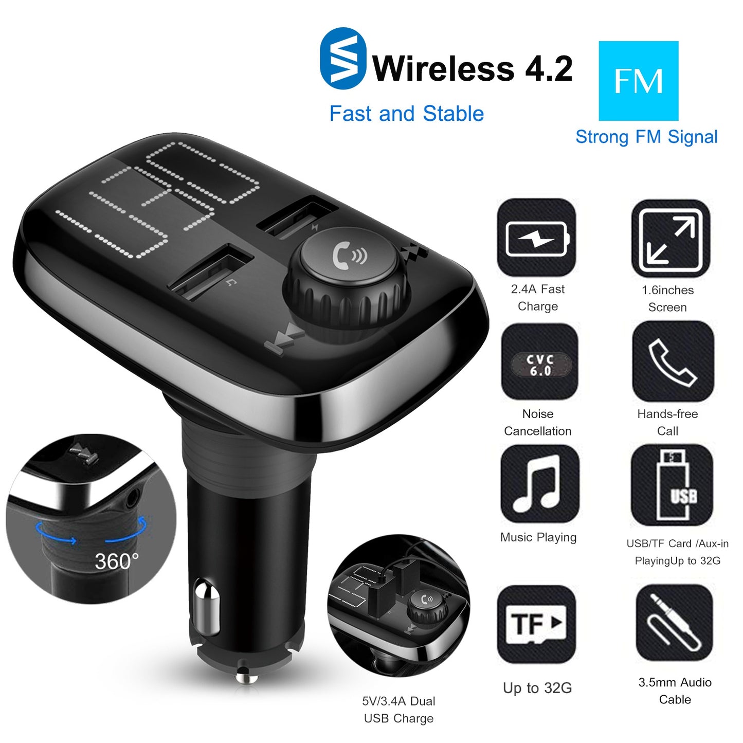 LJGelectro - Car Wireless FM Transmitter Dual USB Charger Hand-Free Call MP3 Player Kit AUX Input TF Card USB Flash Drive