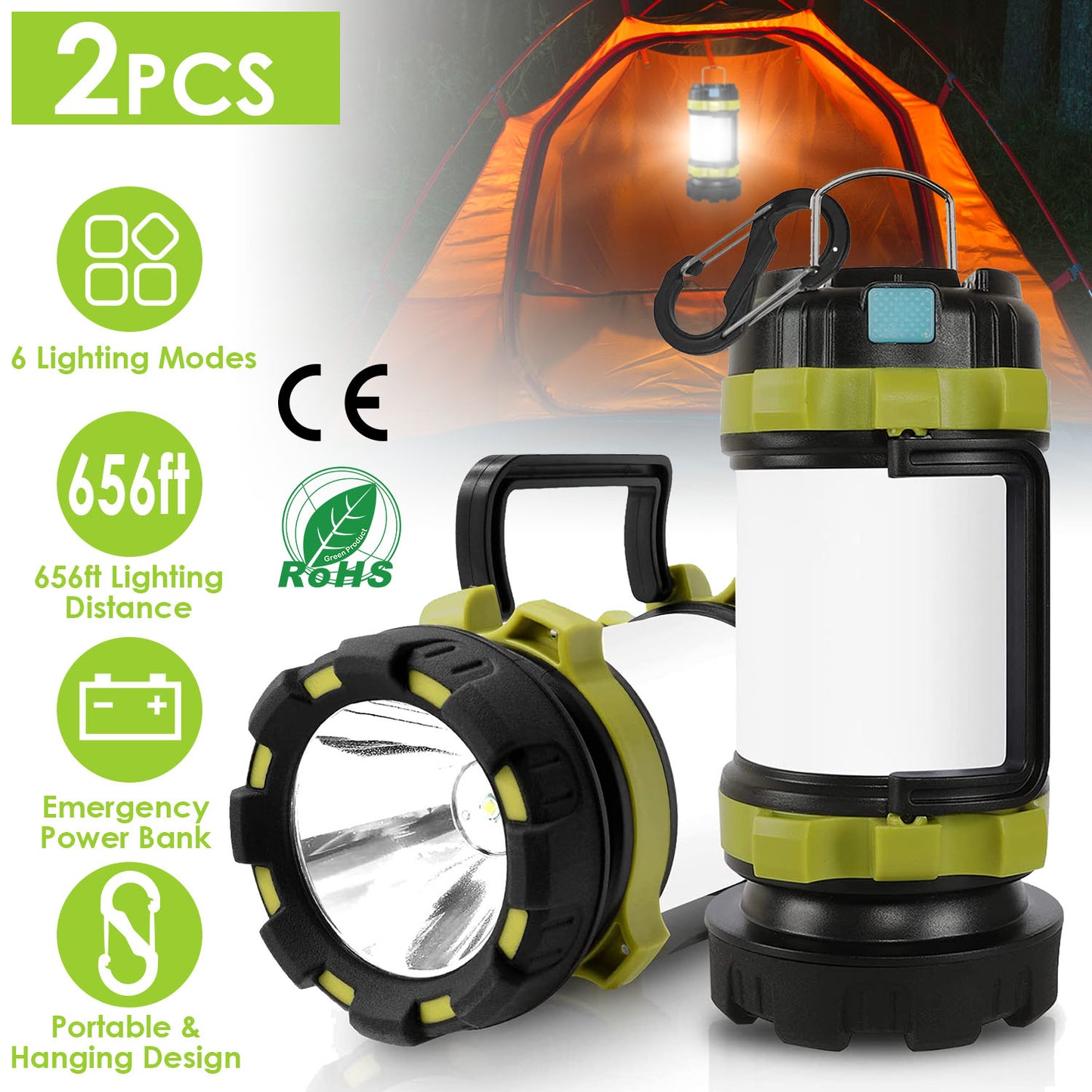 LJGelectro - 2Pcs Camping Lantern Rechargeable Flashlight Torch Power Bank Portable Tent Light Lamp USB Rechargeable for Hiking Fishing Emergency Outdoor