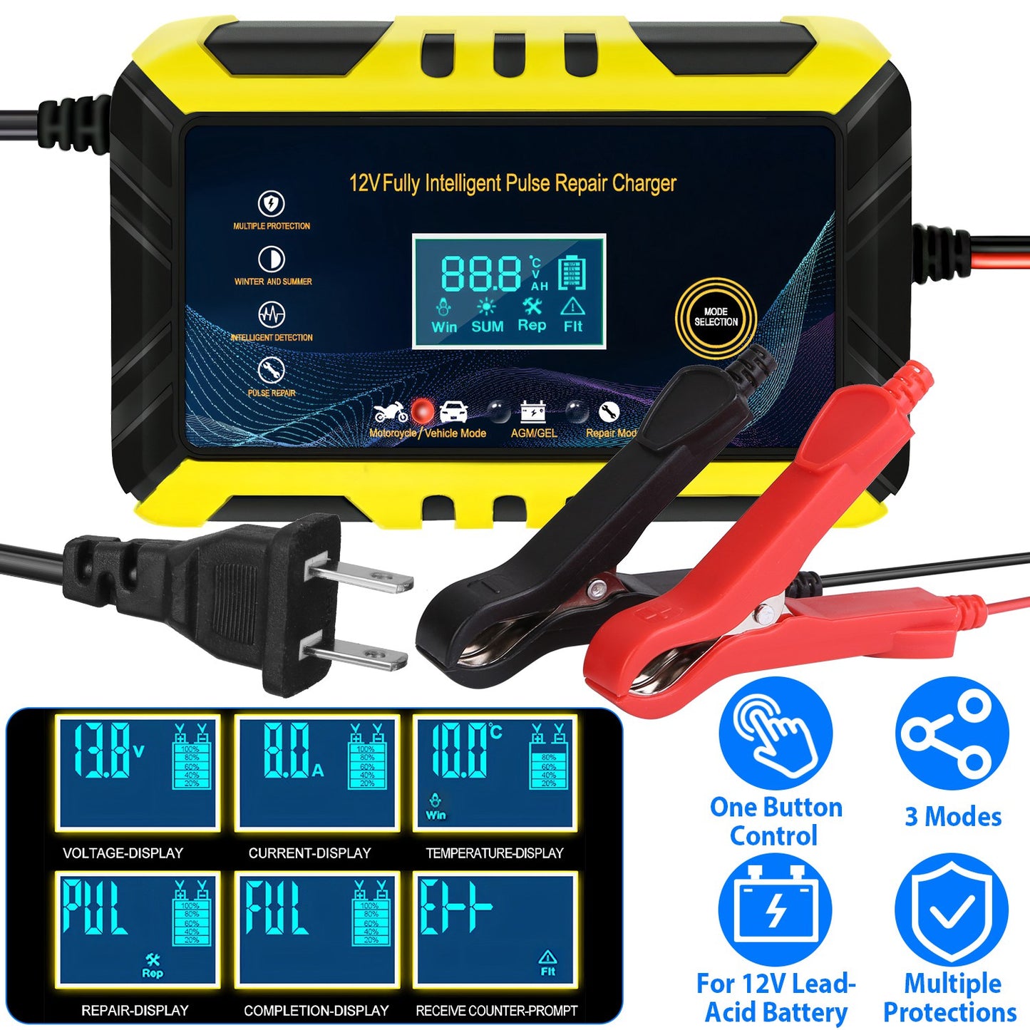 LJGelectro - Car Battery Charger 12V/6A Smart Automatic Battery Charger Pulse Repair Battery Charger with LCD Display for Car Truck Motorcycle RV SUV