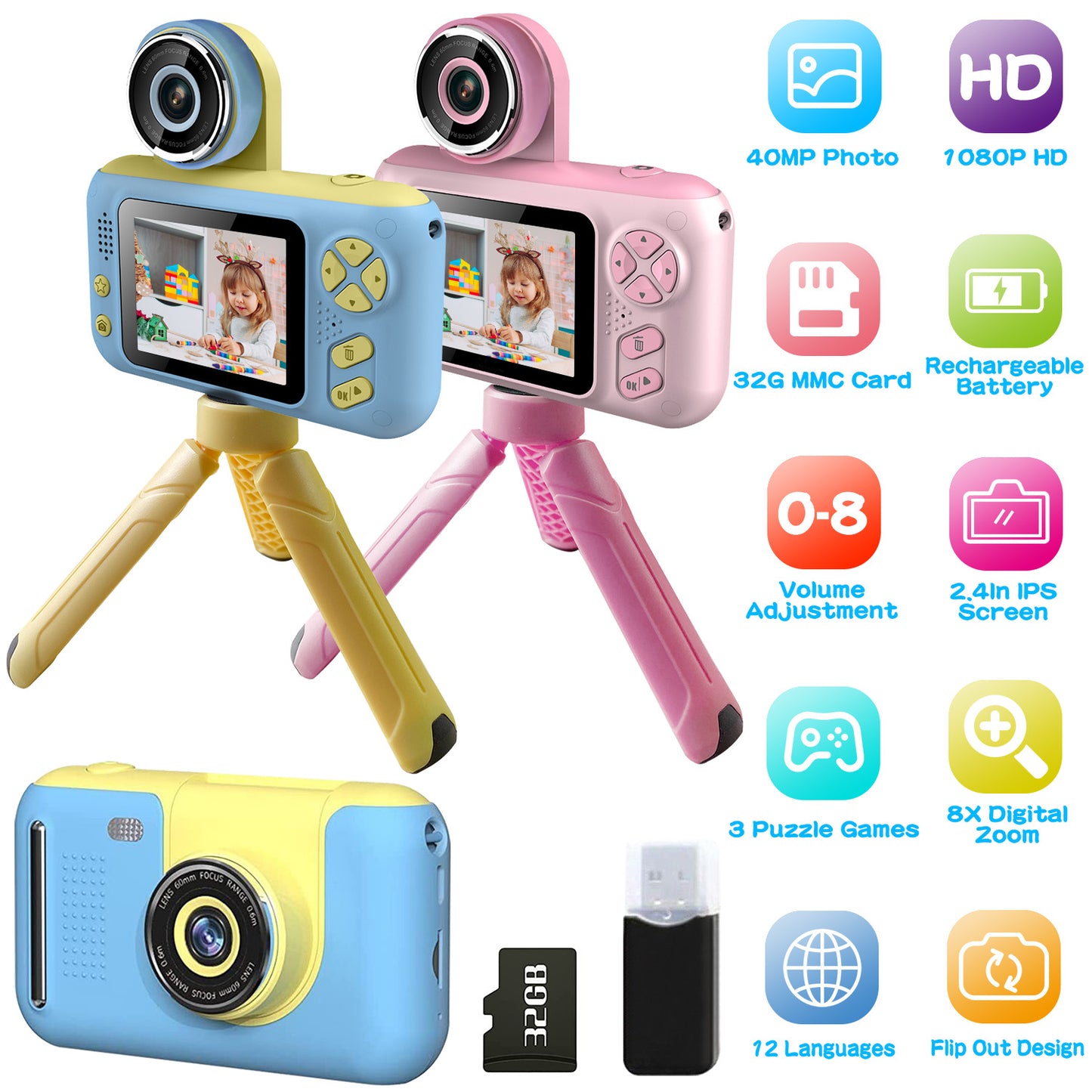 LJGelectro - Kids Digital Camera with Flip Lens Children Video Camcorder Christmas Toy Birthday Gifts with Tripod 2.4in Screen 32G MMC Card for 3-10 Year Old Boys