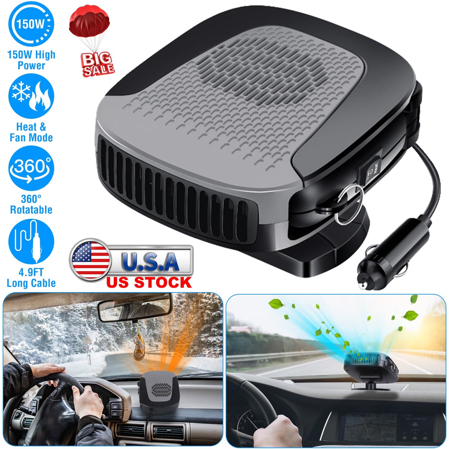 LJGelectro - 12V 150W Portable Car Auto Heater Heating Fan 2 in 1 Defroster Demister Windshield Heater Automotive Cooling Fan