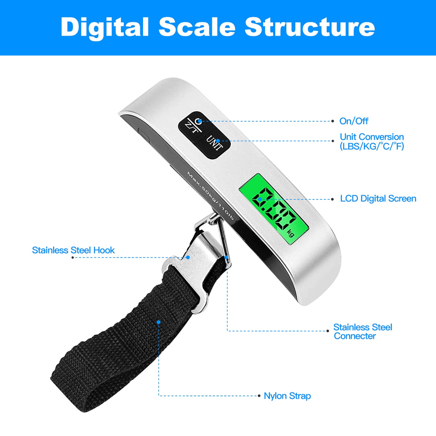 LJGelectro - 50kg 110lbs Portable Luggage Scale Handheld Hanging Suitcase Digital Scale with Hook LCD Display Screen Temperature Sensor Battery Include Travel Weig