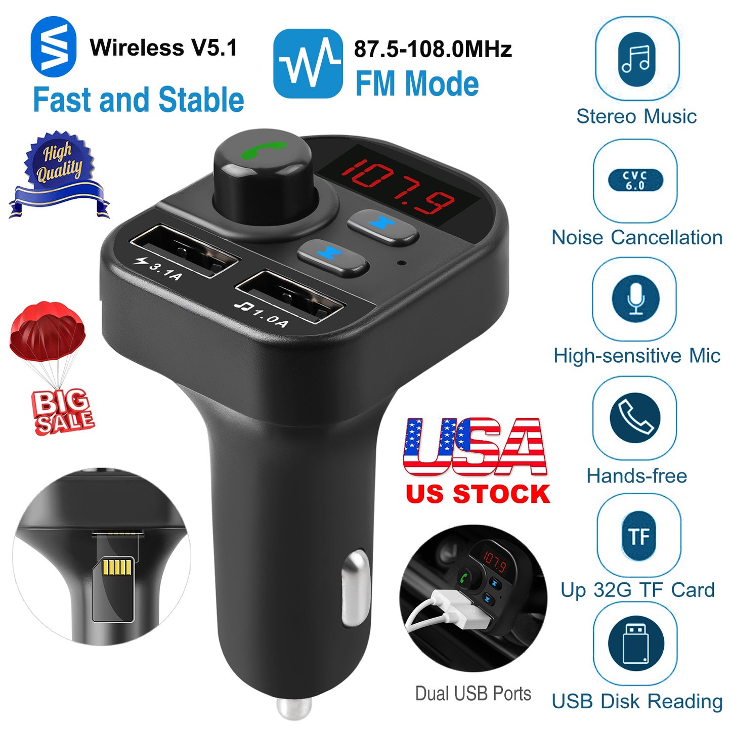 LJGelectro - Car Wireless V5.1 FM Transmitter Dual USB Charge Hands-free Call Car MP3 Player TF Card USB Disk Reading