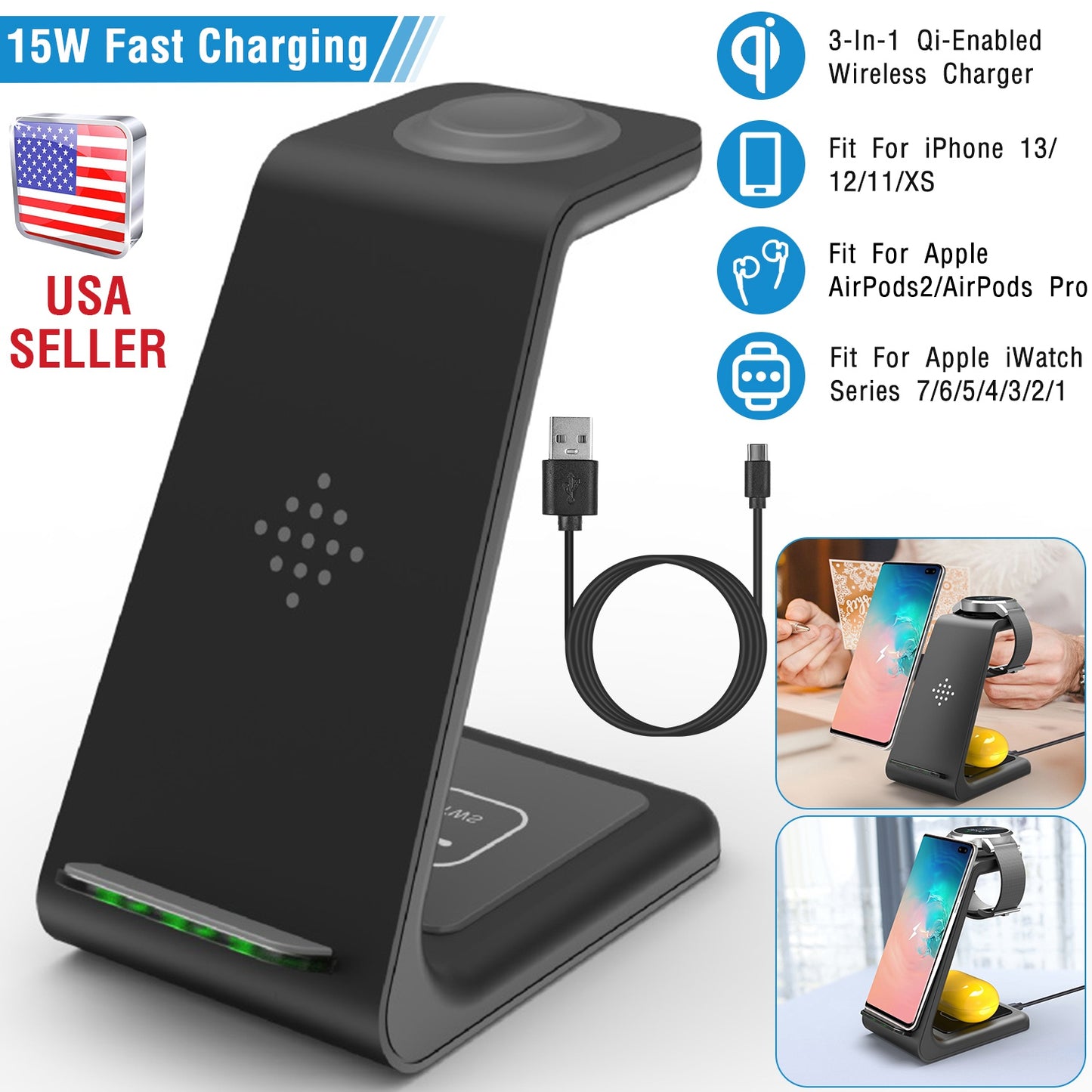 LJGelectro - 15W 3 in 1 Wireless Charger Dock Fast Charging Station Stand Holder Fit for iPhone 13/12/11/XS Apple Watch Series 7/6/5/4/3/2/1 AirPods 2 AirPods Pro