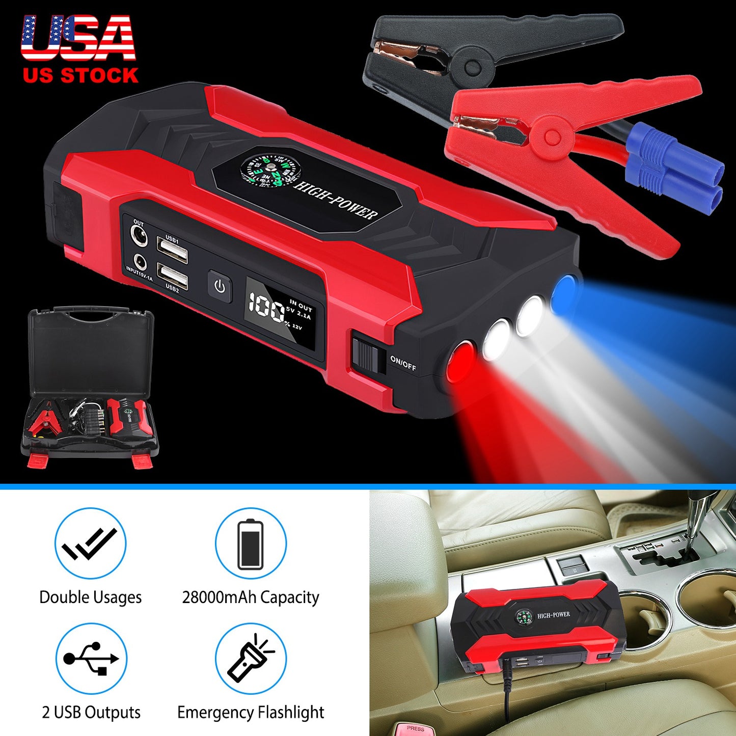 LJGelectro - Car Jump Starter Booster 800A Peak 28000mAh 12V Battery Charger (Up to 6.0L Gas or 3.0L Diesel Engine) w/ LCD Screen 4 Modes LED Flashlight