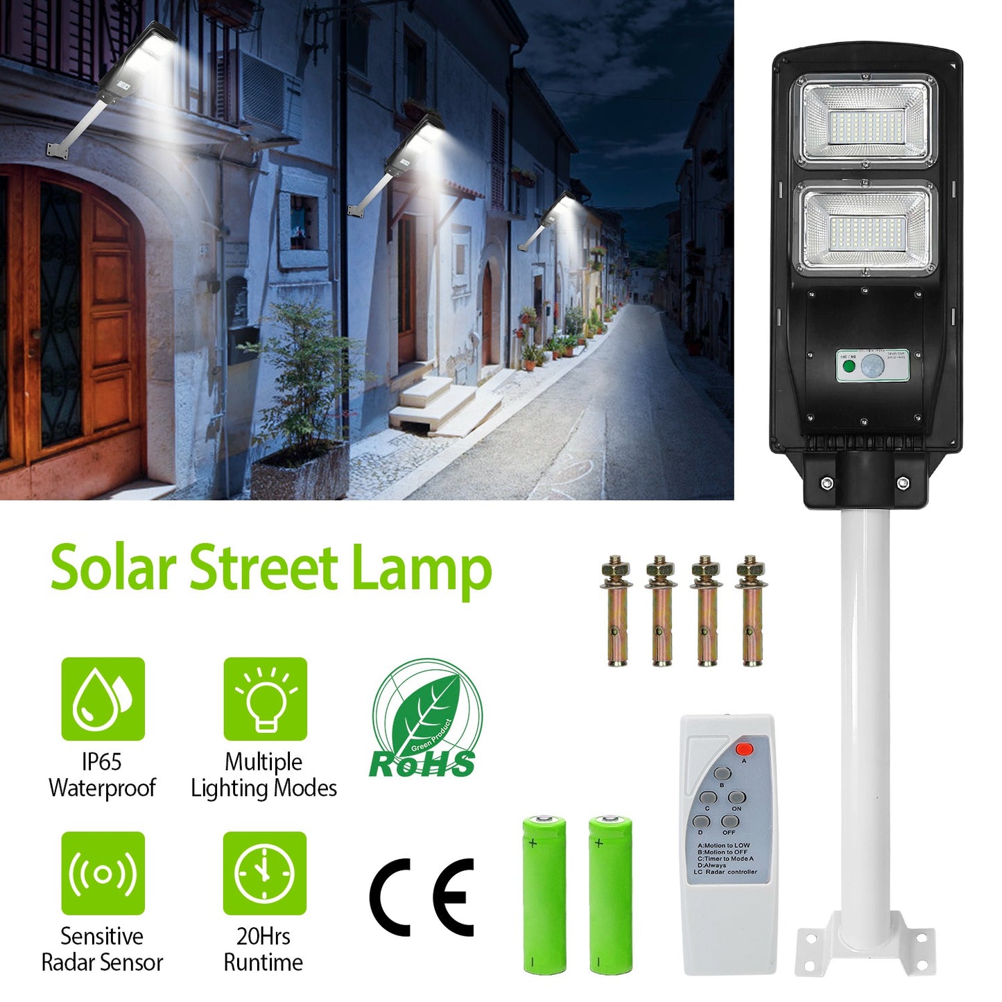 LJGelectro - Solar Street Path Light Outdoor 120LEDs Radar Sensor Remote Control Wireless Lamps IP65 Waterproof Lighting For Garage Front Door Garden Pathway