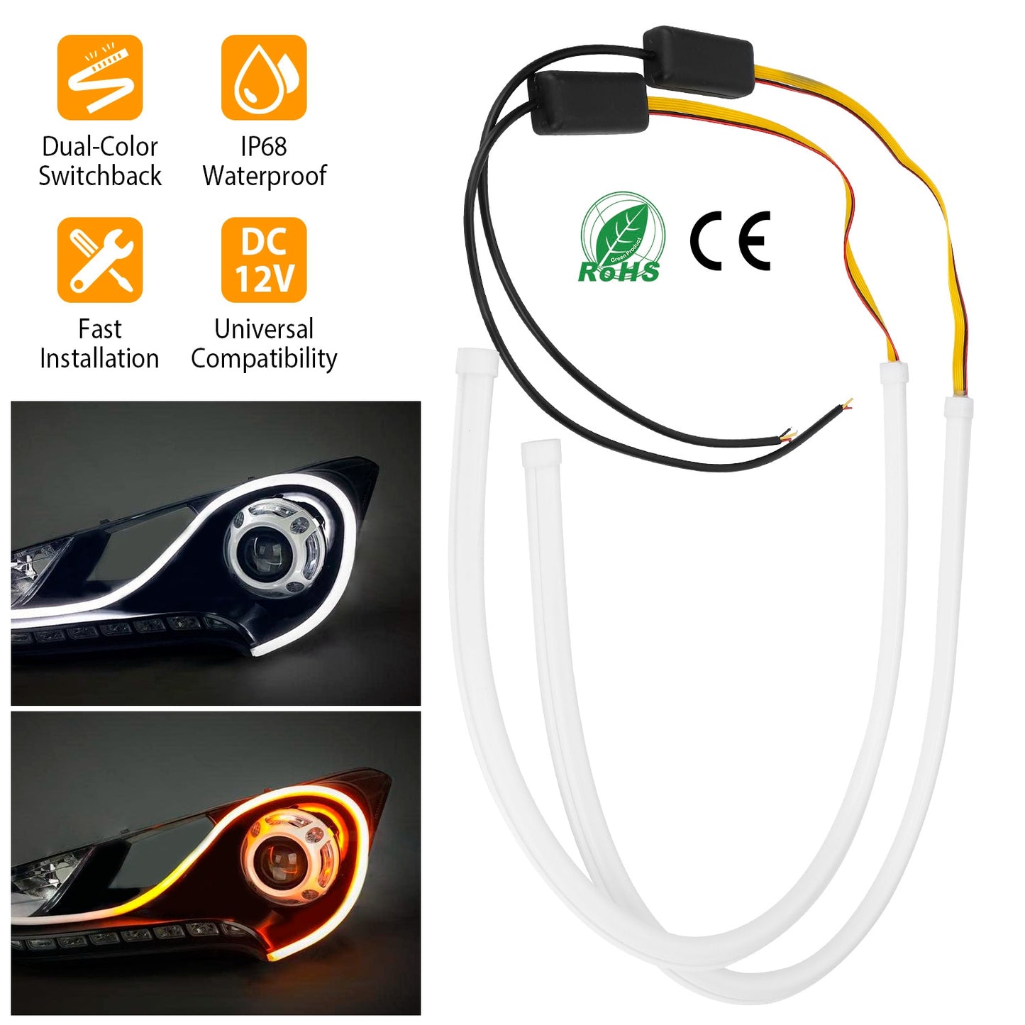 LJGelectro - 2Pcs Dual-Color Switchback DRL Tube Light Amber Sequential Flow Car Turn Signal Lamp Flexible Waterproof Glow Neon Lights Decorative Lamp For Headligh