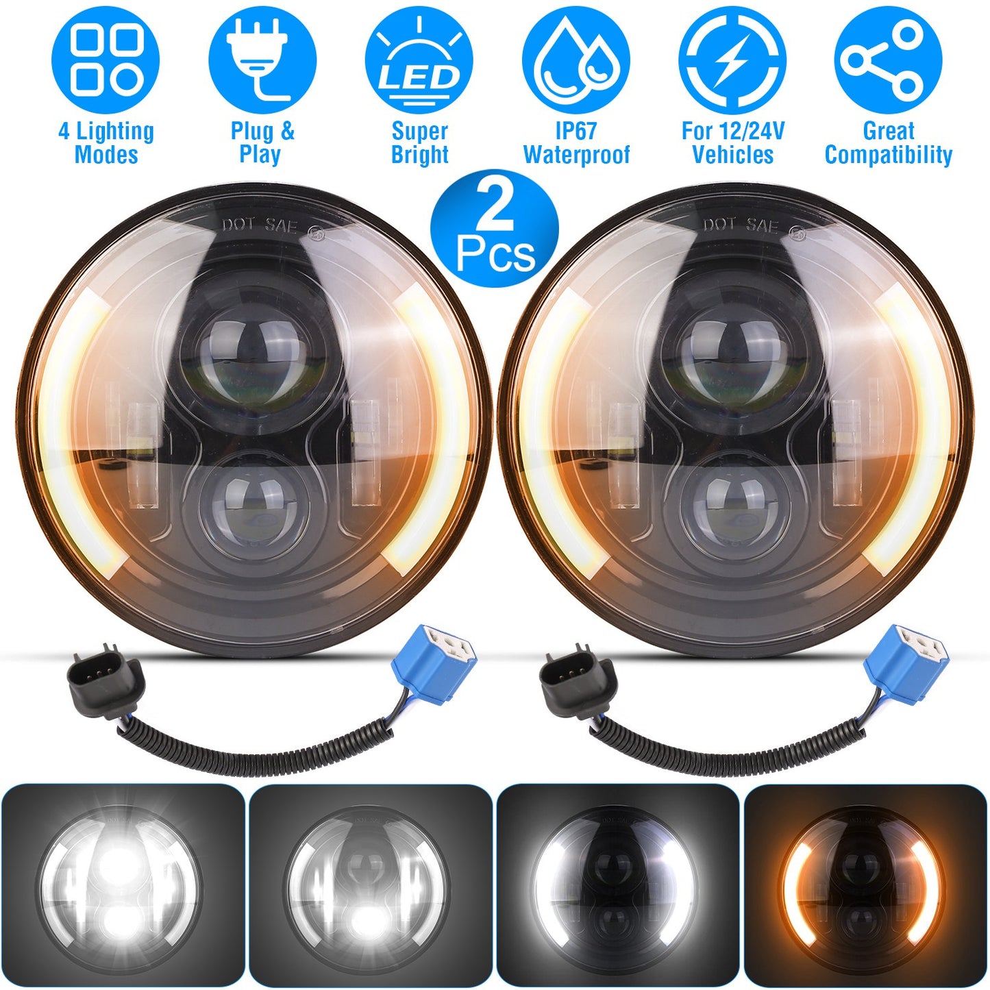 LJGelectro - 2Pcs 7In 40W Round LED Headlights 3800LM Halo Car Headlamp with DRL Turn Light High Low Beam Fit for Honda Yamaha Motorcycle Jeep Wrangler TJ JK CJ