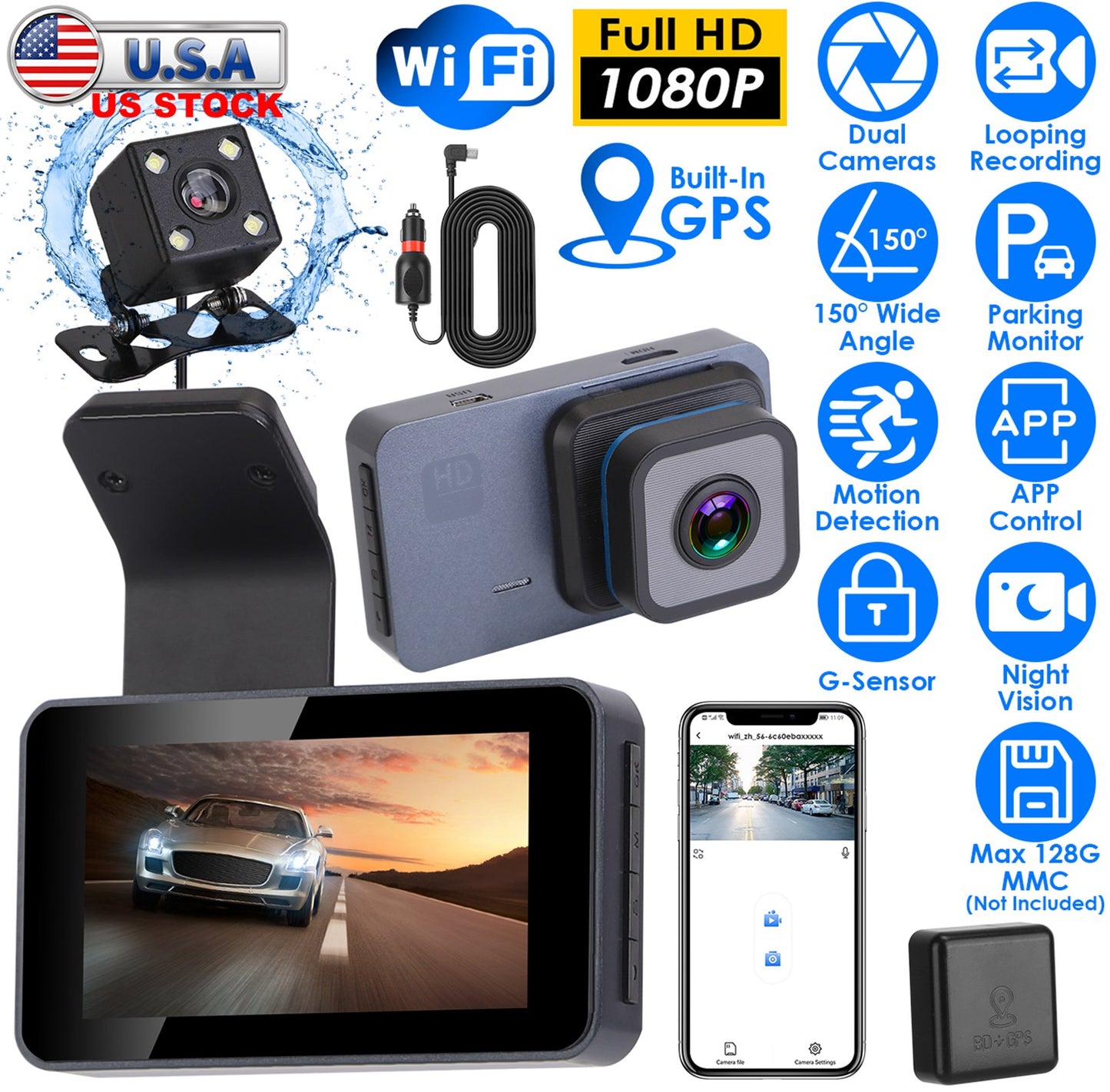 LJGelectro - 1080P Dual Lens Dash Cam Vehicle Driving Recorder Car DVR with WiFi GPS G-Sensor APP Control Motion Detection Parking Monitor Night Vision